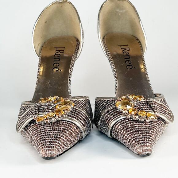 J Renee Brianna d'Orsay Silver Bronze Fabric Jeweled Stiletto Heels Shoes 7 - Picture 2 of 14